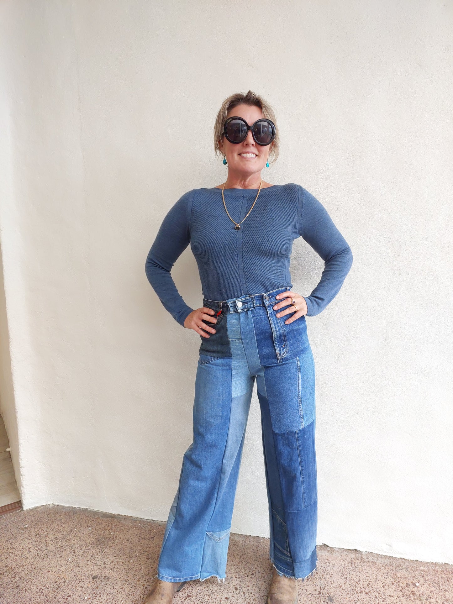 Women's Upcycled BLUE denim patchwork wide leg jeans,