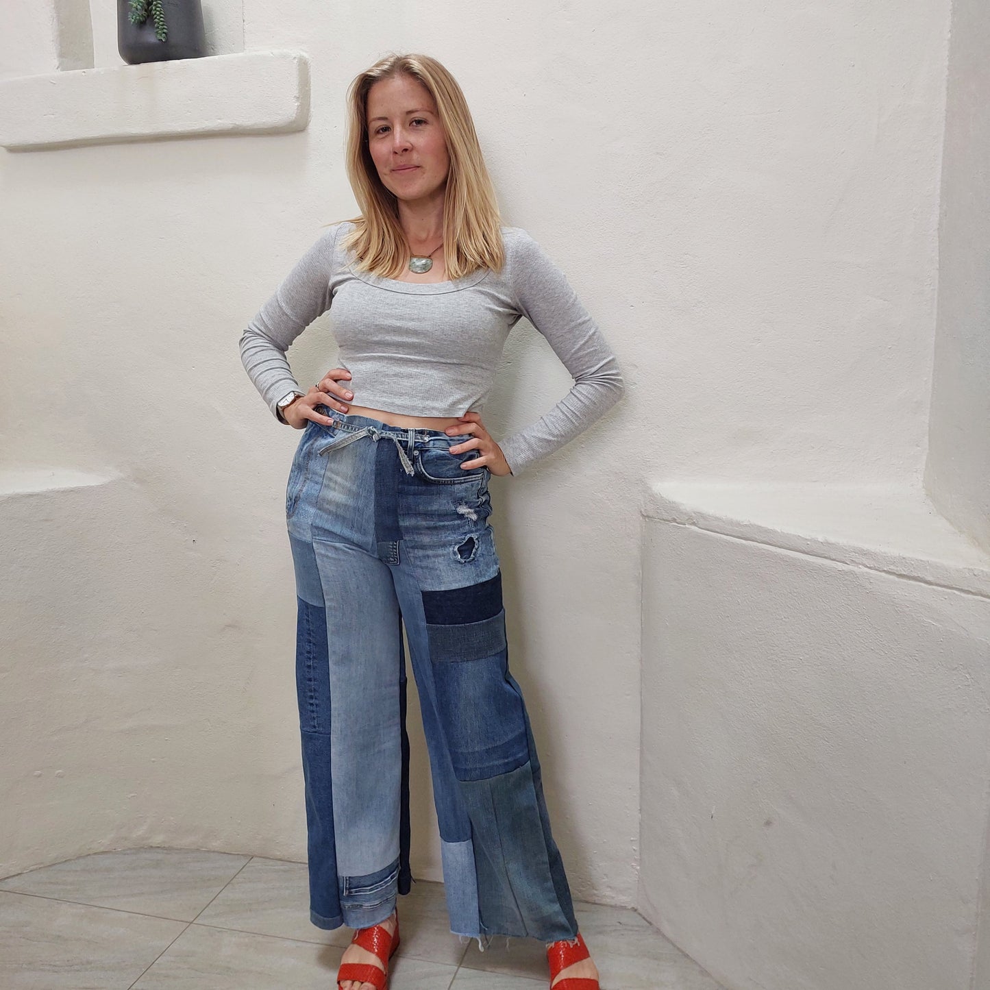 Women's Upcycled BLUE denim patchwork wide leg jeans,