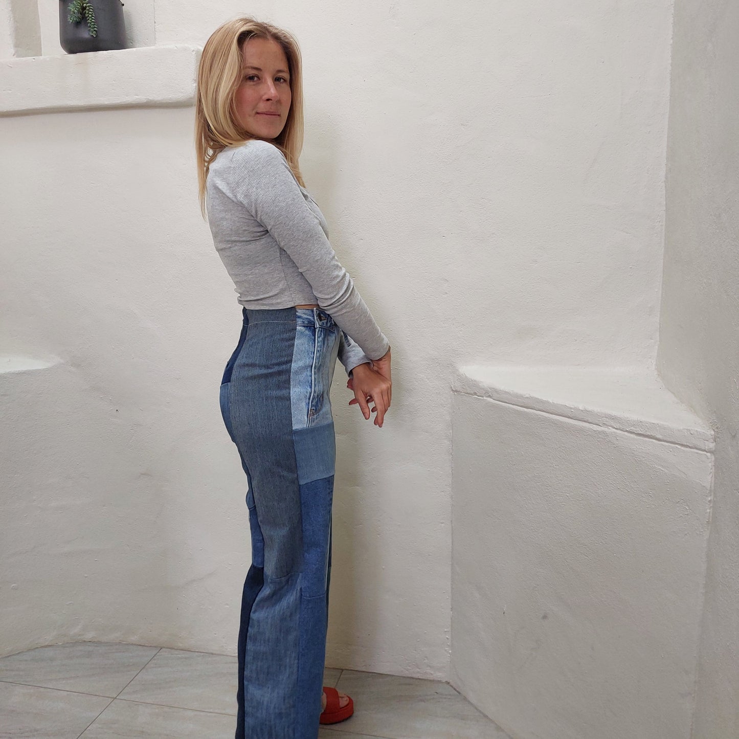 Women's Upcycled BLUE denim patchwork wide leg jeans,