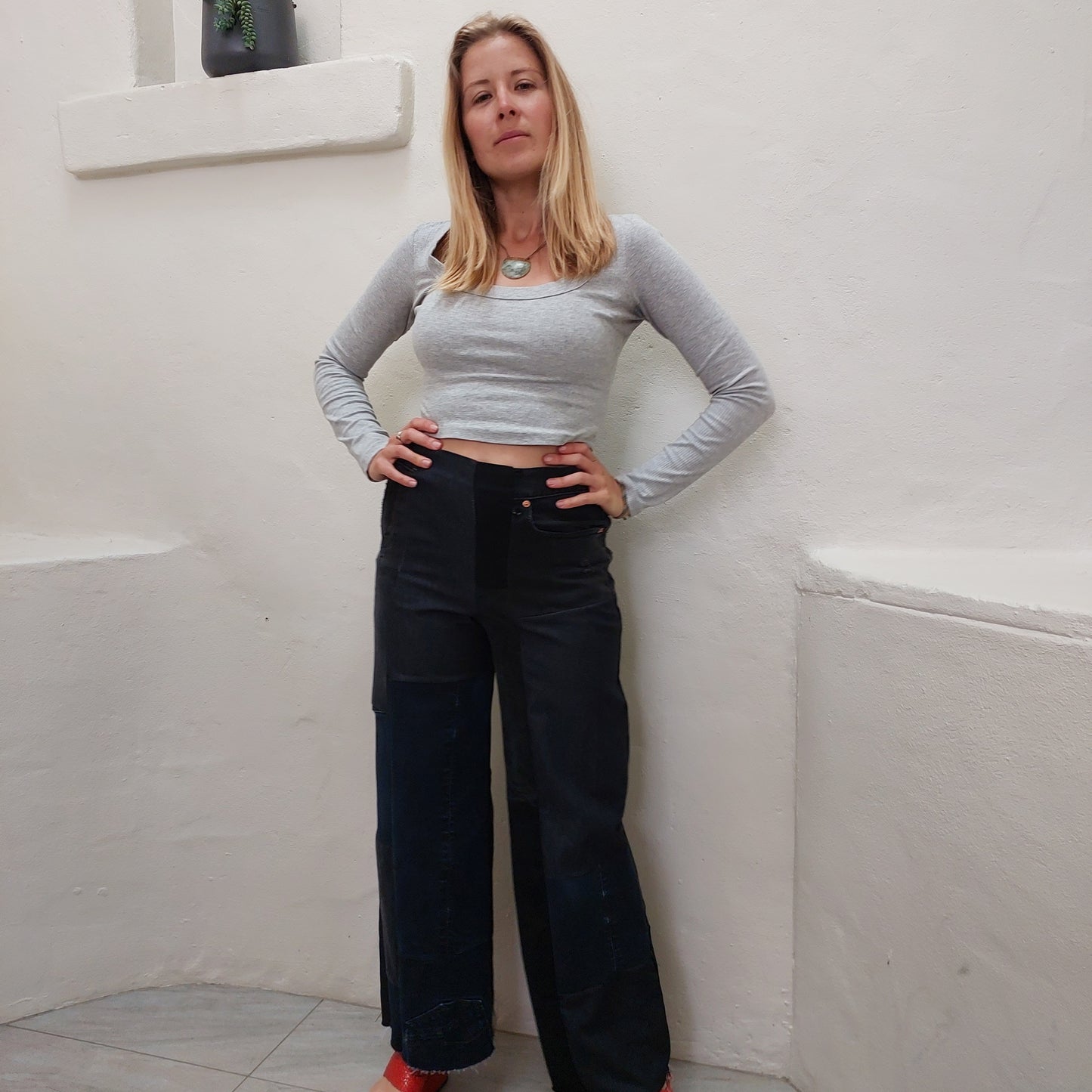 Women's BLACK denim patchwork wide leg jeans