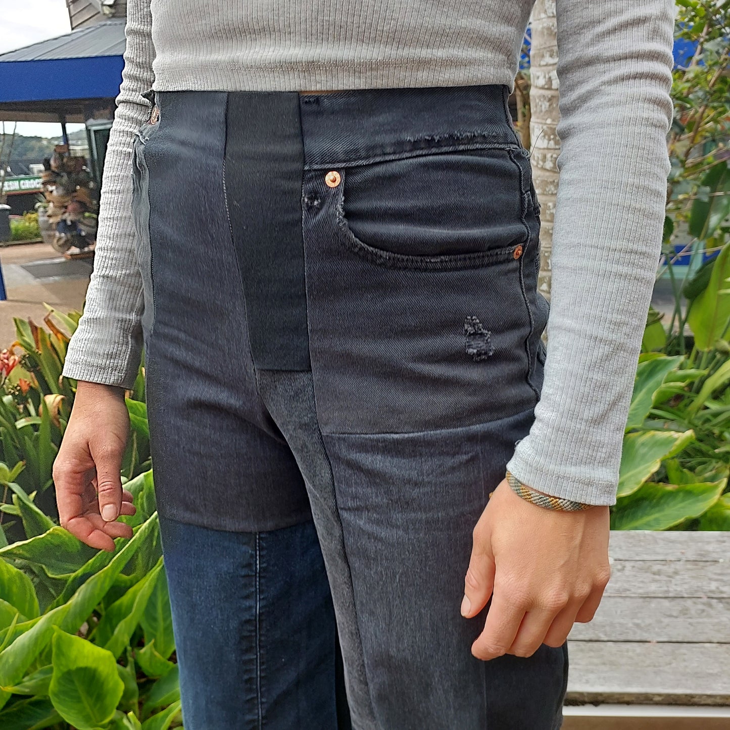 Upcycled patchwork wide leg jeans- regular blue or BLACK denim