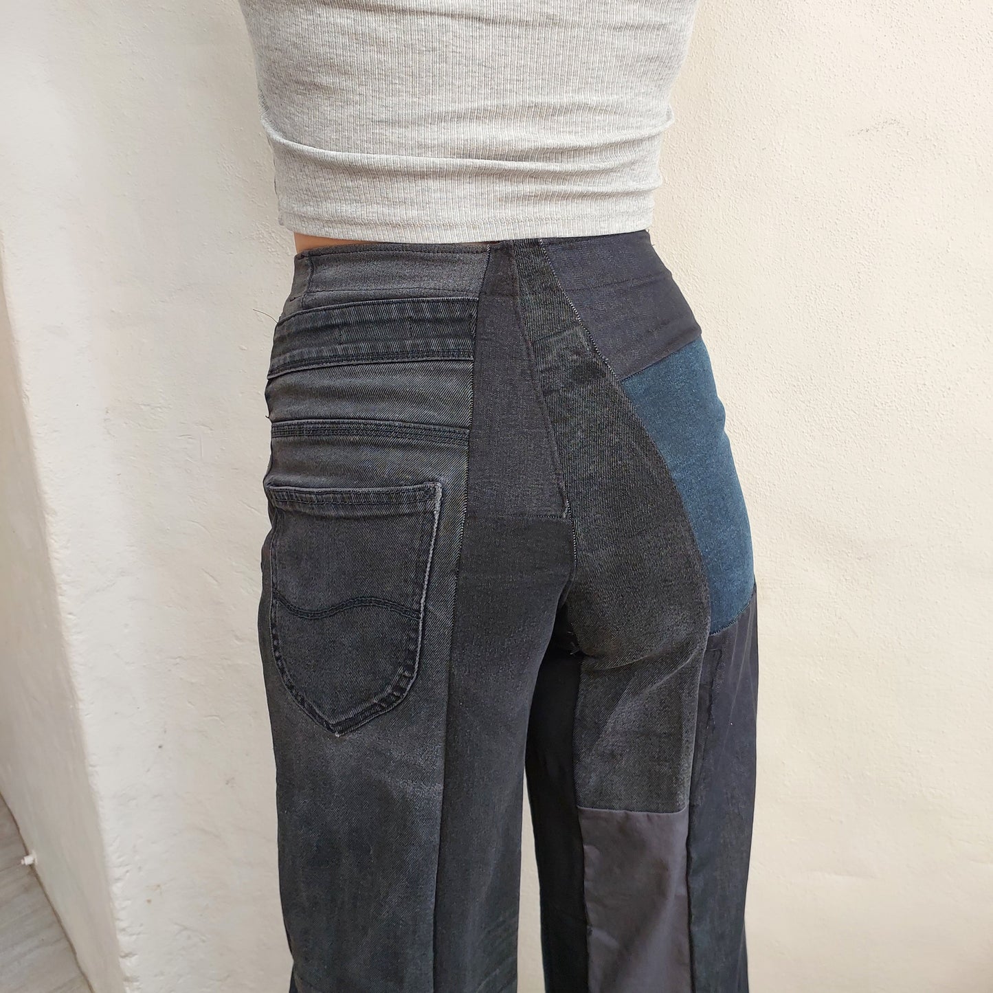 Upcycled patchwork wide leg jeans- regular blue or BLACK denim