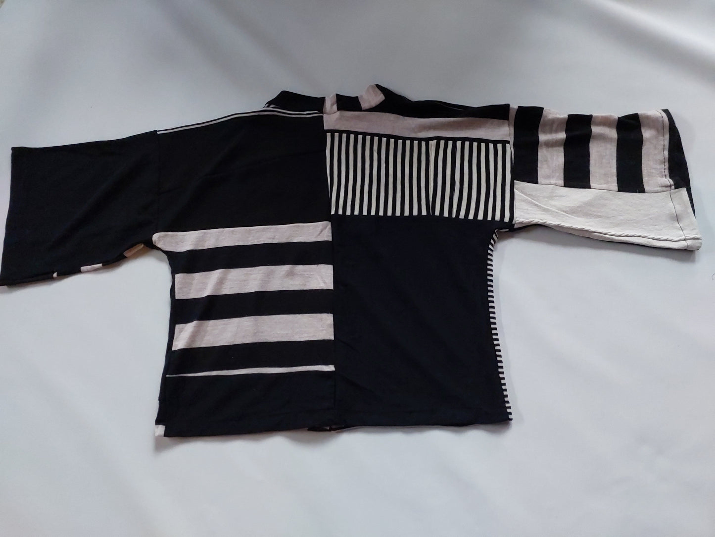 Upcycled Merino Wool Short Kimono in black cream stripe