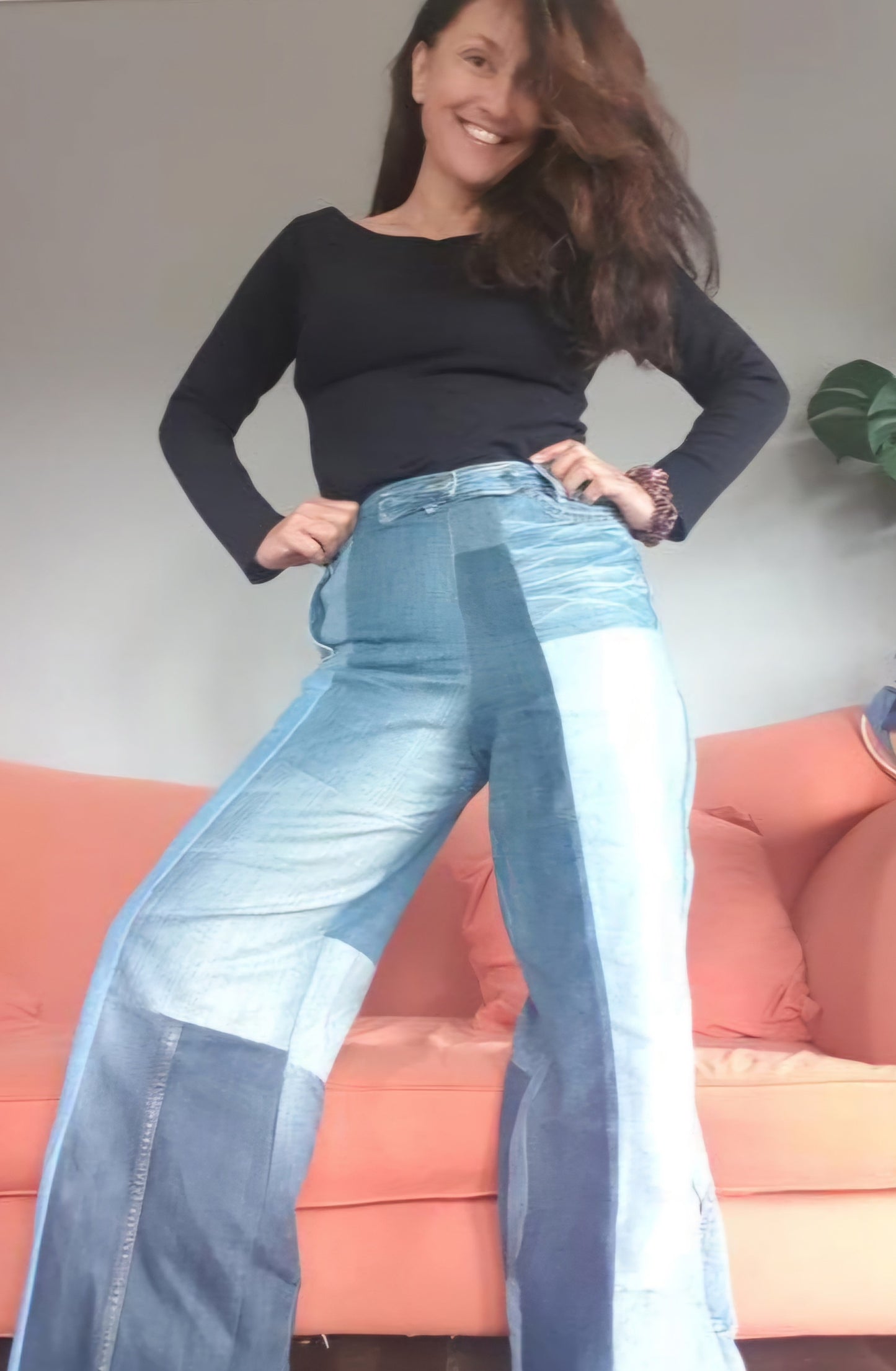 Women's Upcycled BLUE denim patchwork wide leg jeans,