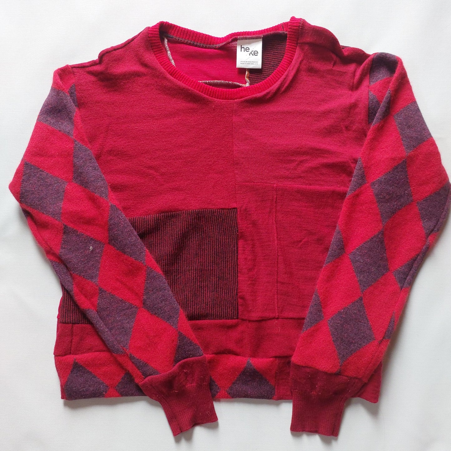 Unisex Merino Sweater dark reds with diamond sleeves MEDIUM