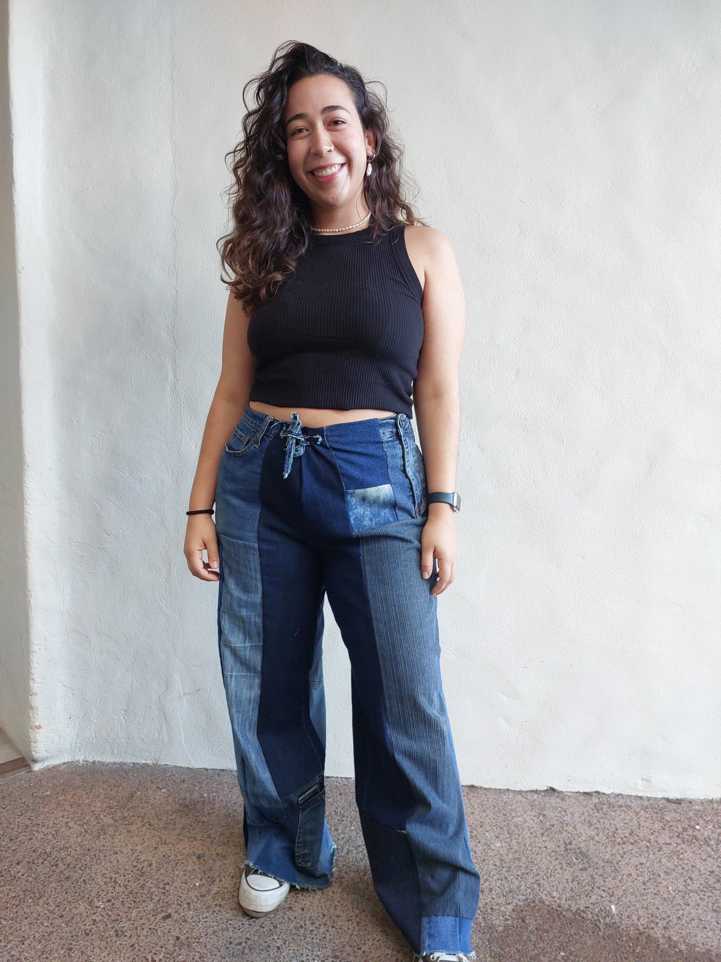 Women's Upcycled BLUE denim patchwork wide leg jeans,