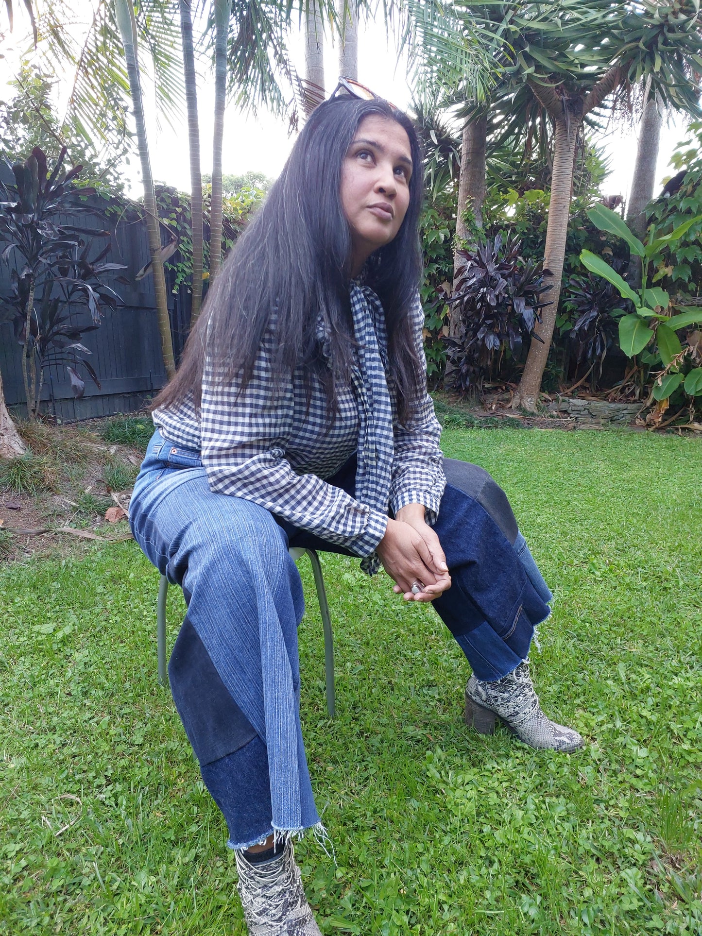 Women's Upcycled BLUE denim patchwork wide leg jeans,