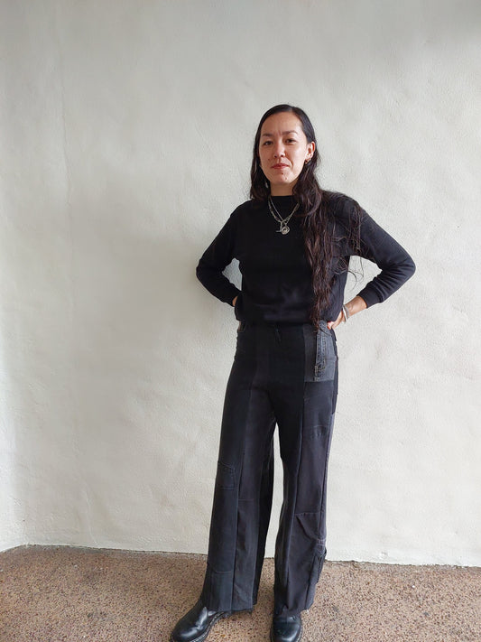 Women's BLACK denim patchwork wide leg jeans