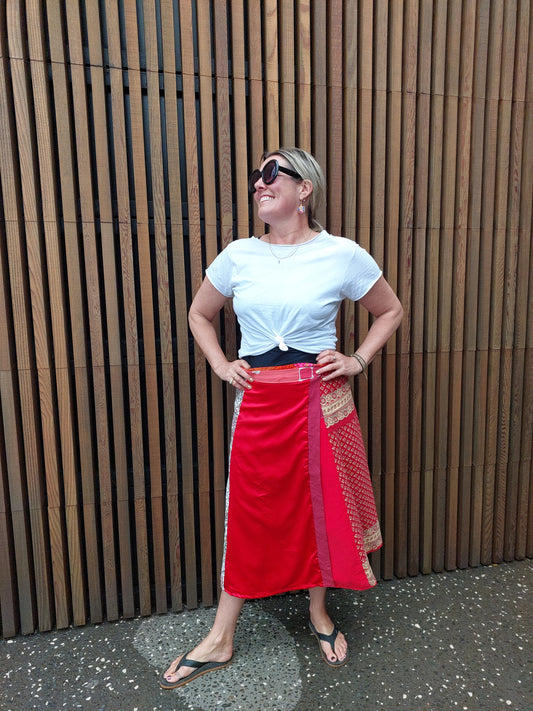 LONG wrap skirt red and batik