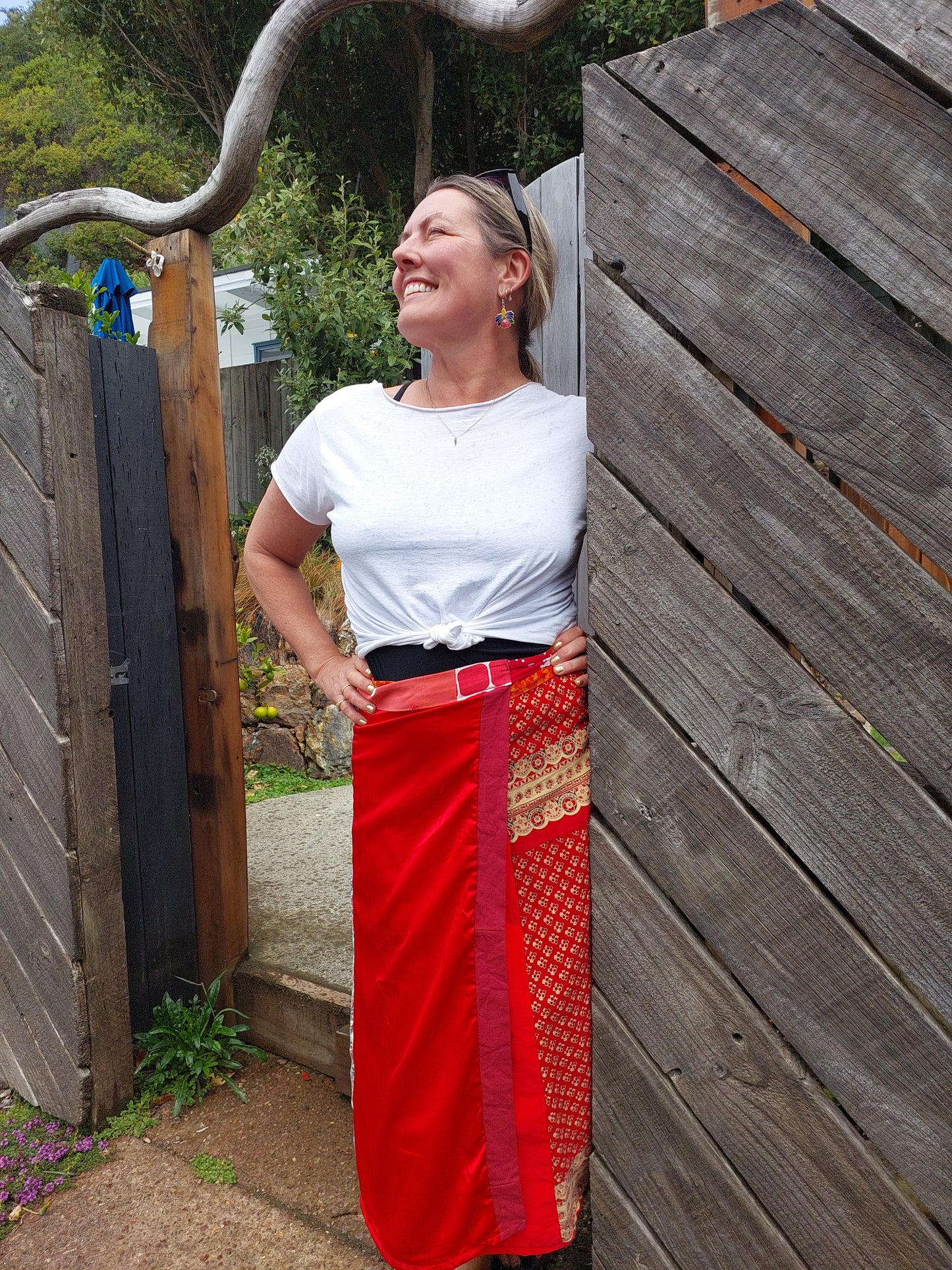 LONG wrap skirt red and batik