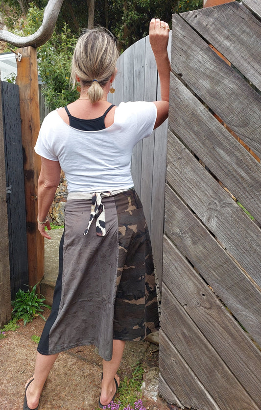 LONG brown and beige with camo print upcycled wrap skirt