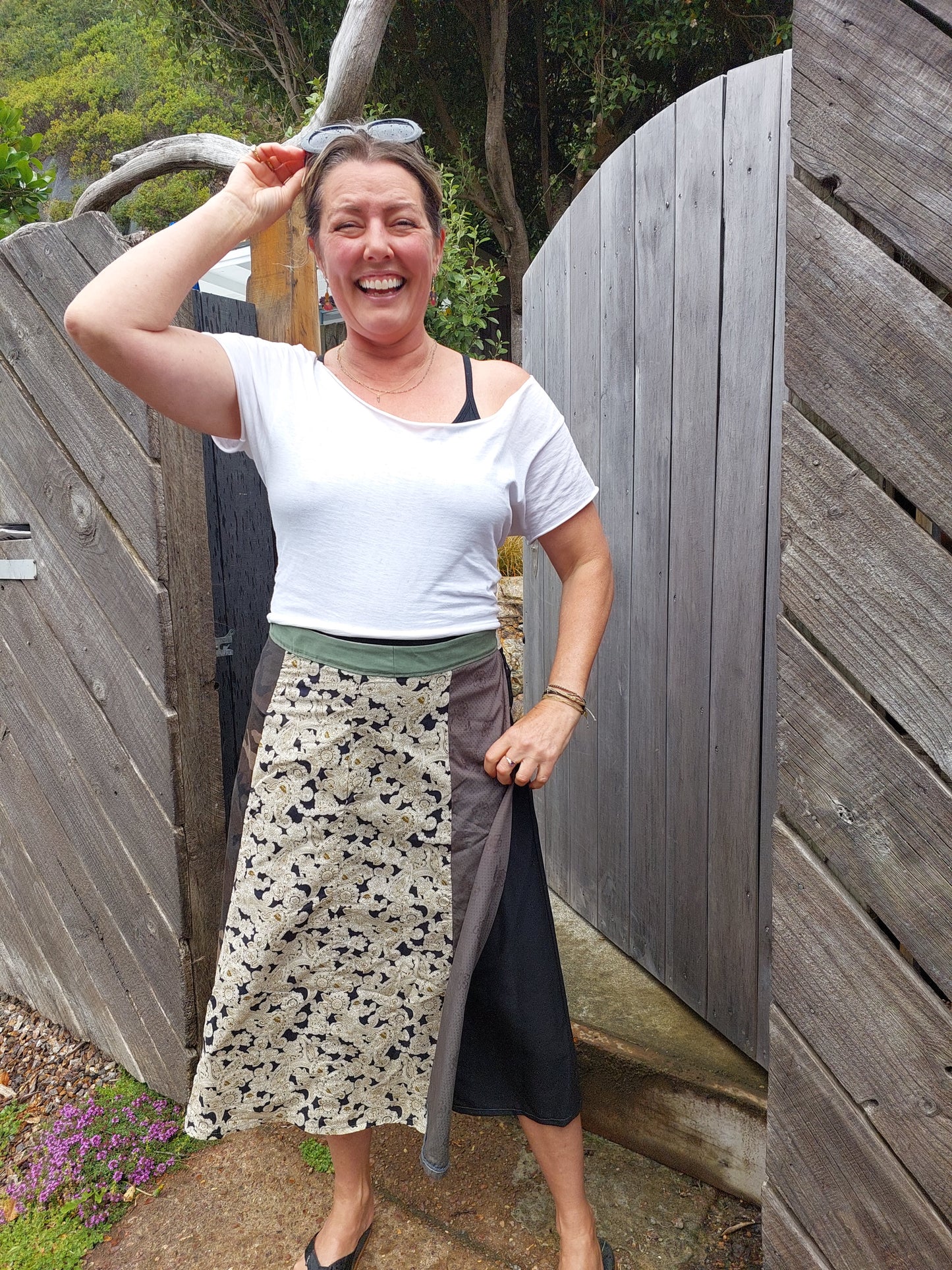 LONG brown and beige with camo print upcycled wrap skirt