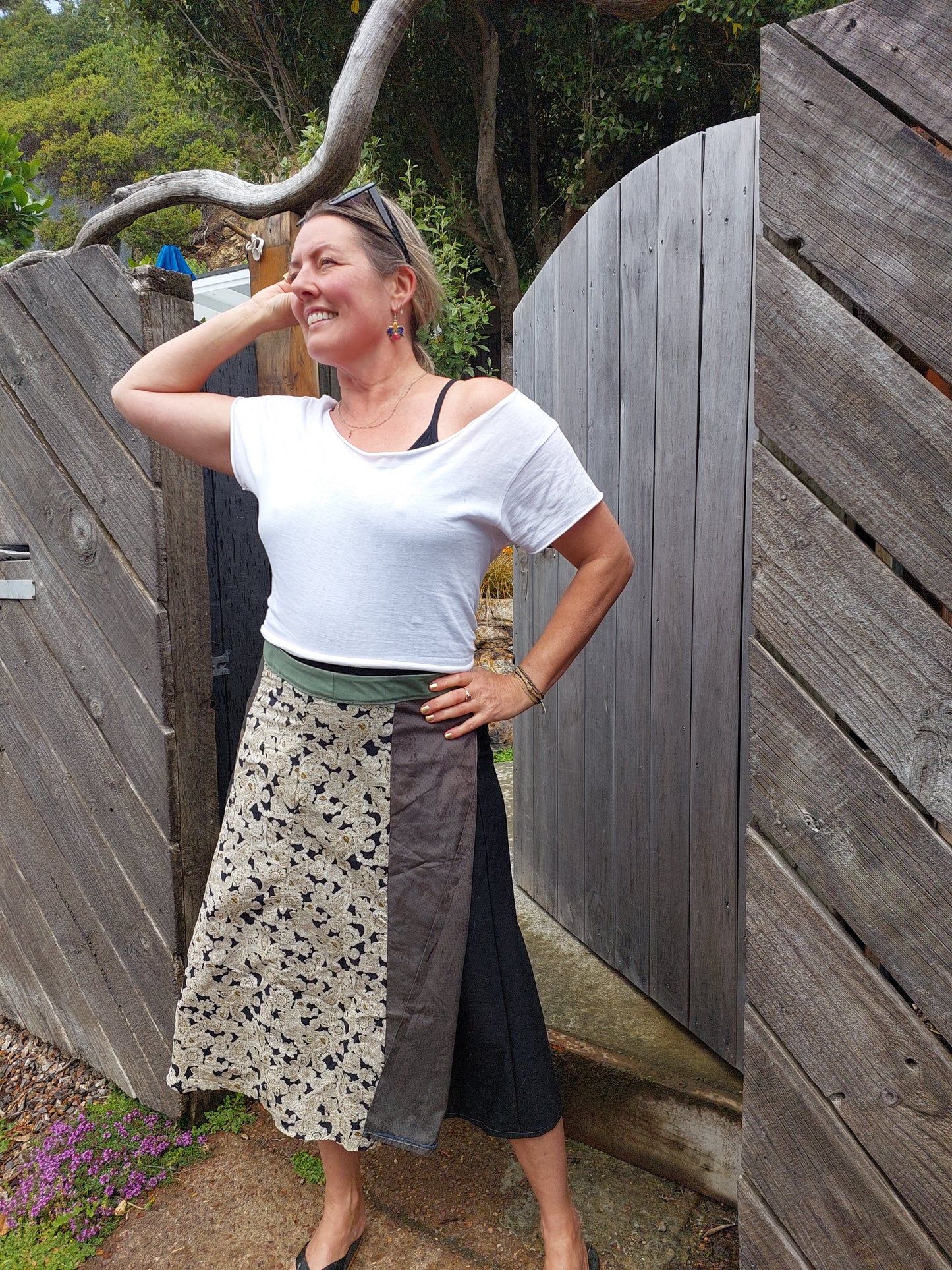 LONG brown and beige with camo print upcycled wrap skirt