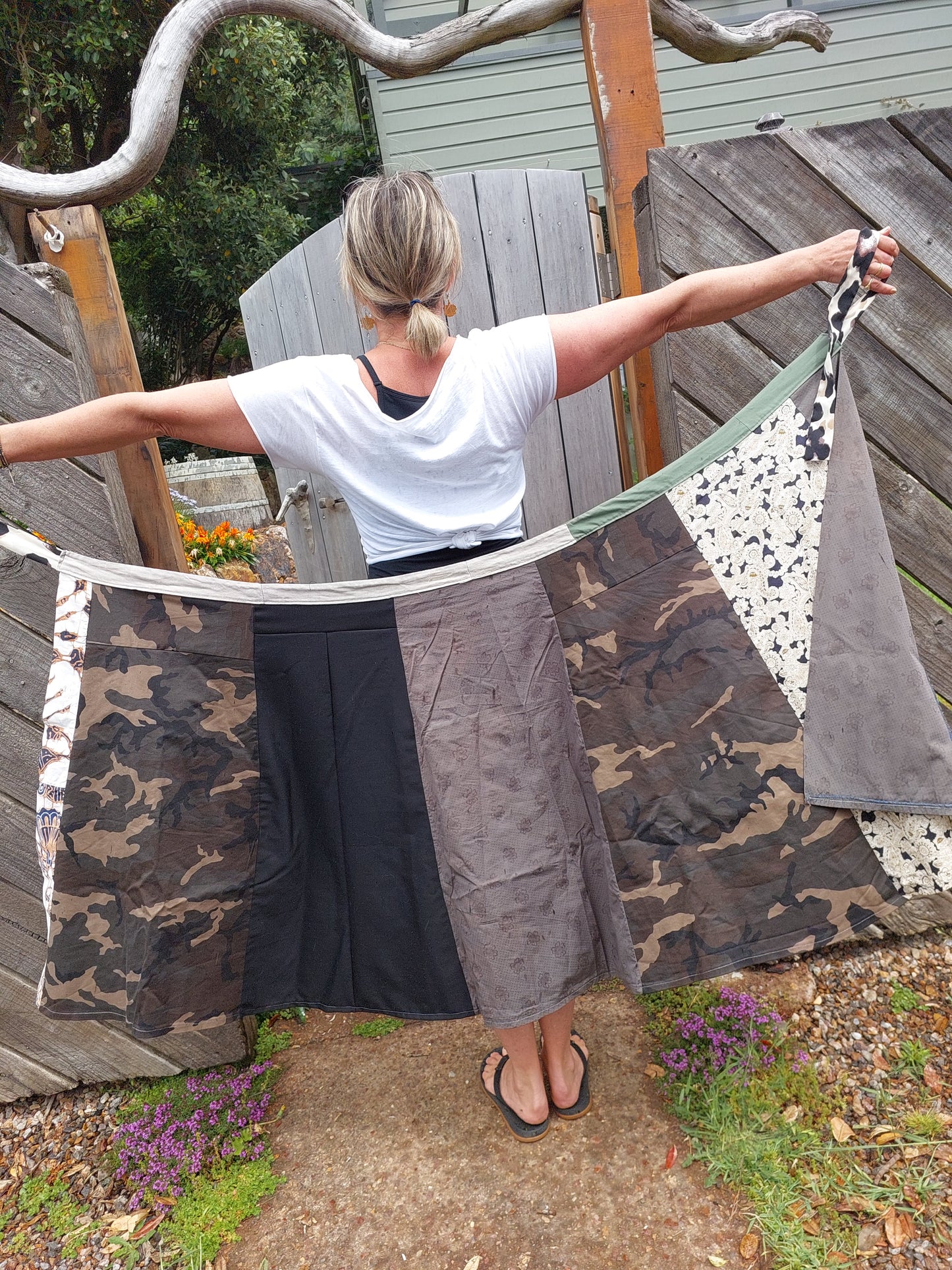 LONG brown and beige with camo print upcycled wrap skirt