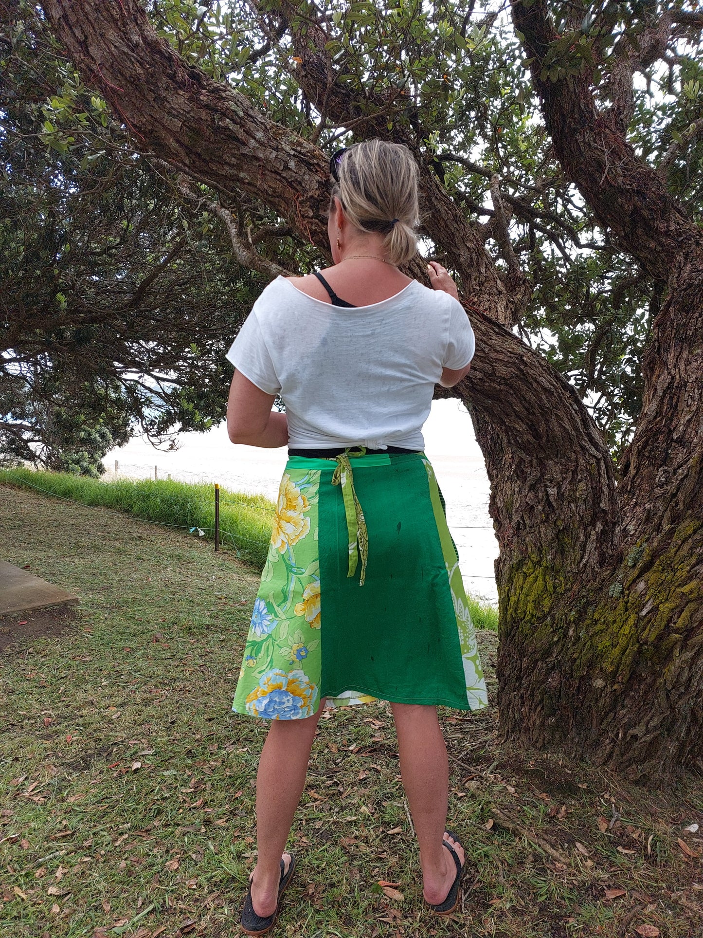 Green and lemons print wrap skirt