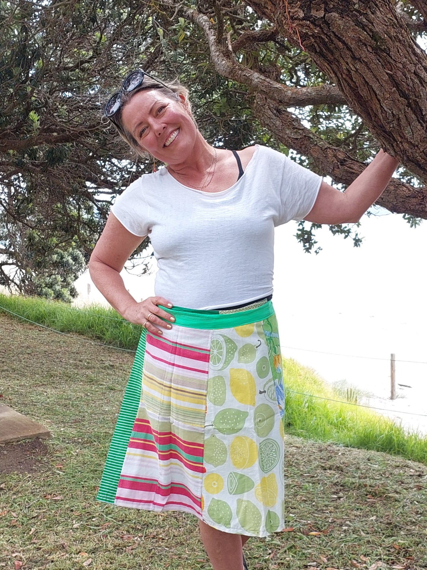 Green and lemons print wrap skirt