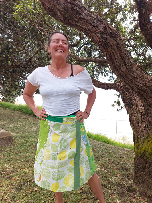 Green and lemons print wrap skirt