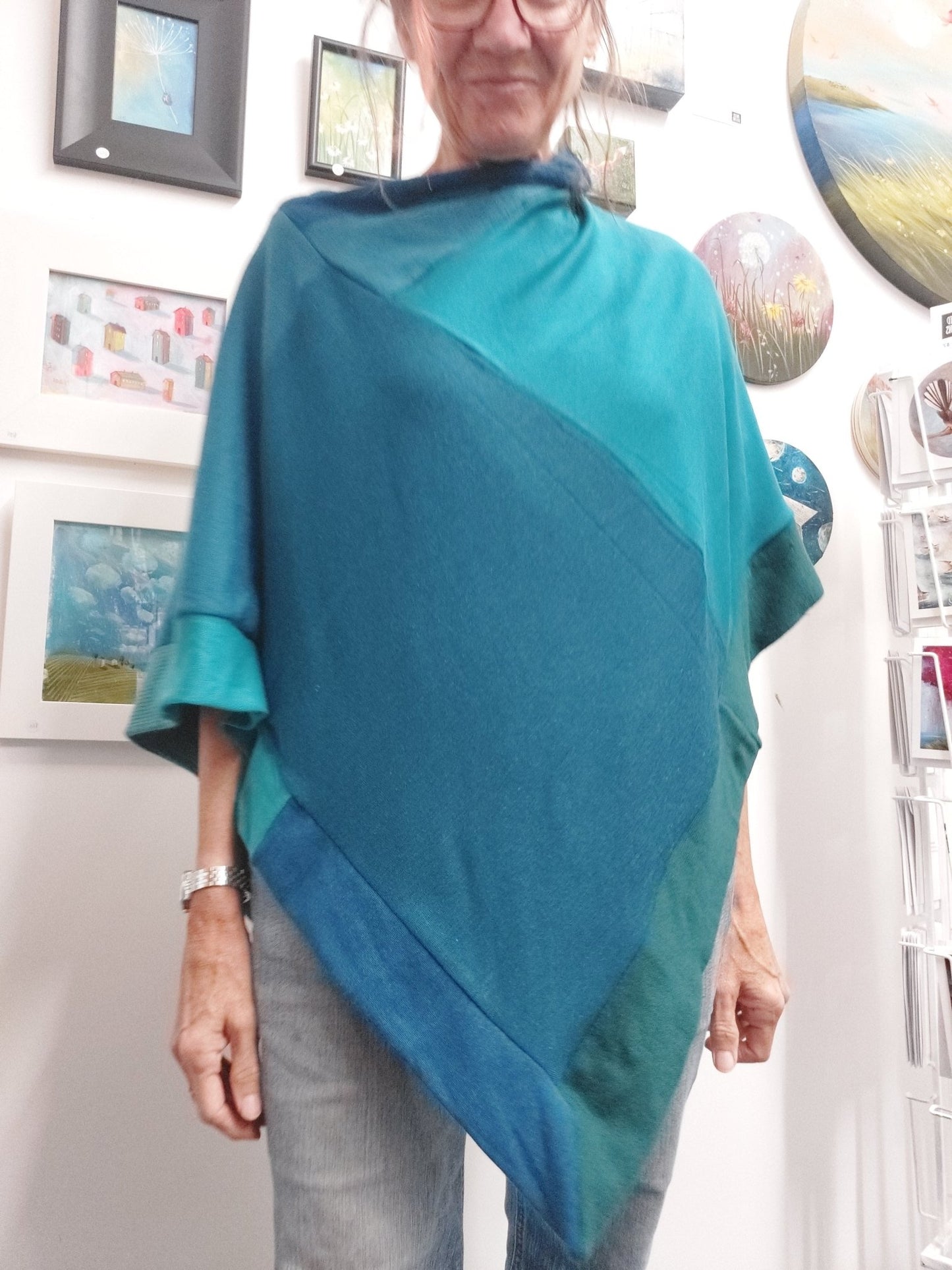 aqua teal blues merino poncho - Heke design