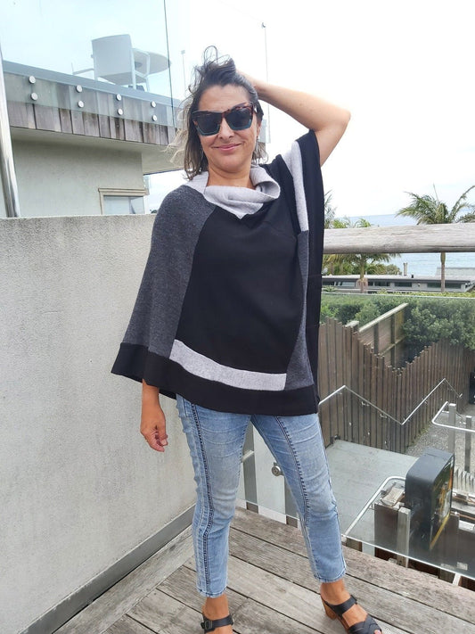 Boho Merino Poncho/Shawl- black and grey - Heke design