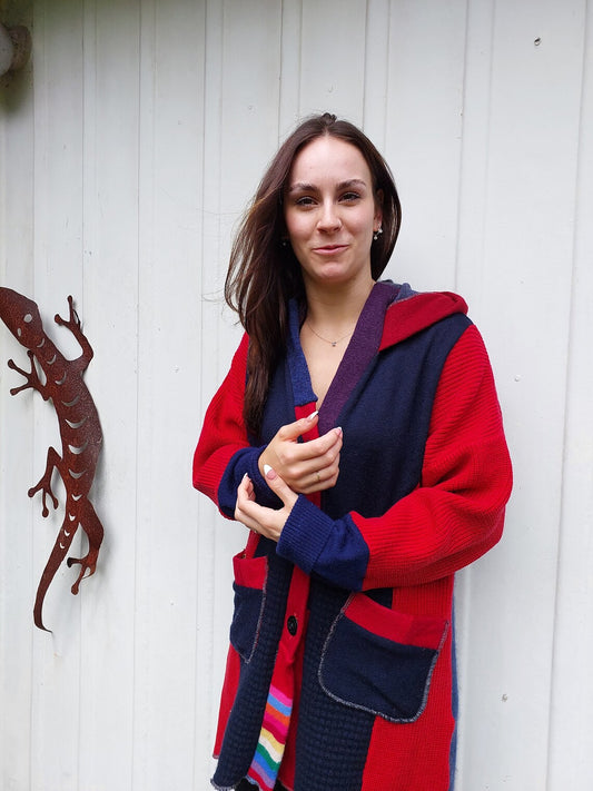 Upcycled Sweatercoat for Women Funky Boho Cardigan  Red and Navy
