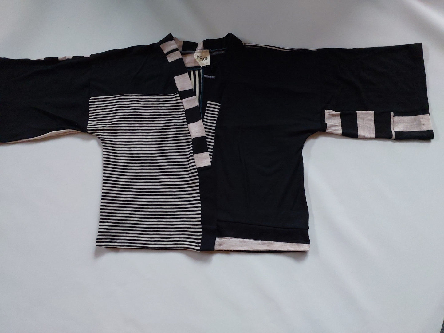 Upcycled Merino Wool Short Kimono in black cream stripe