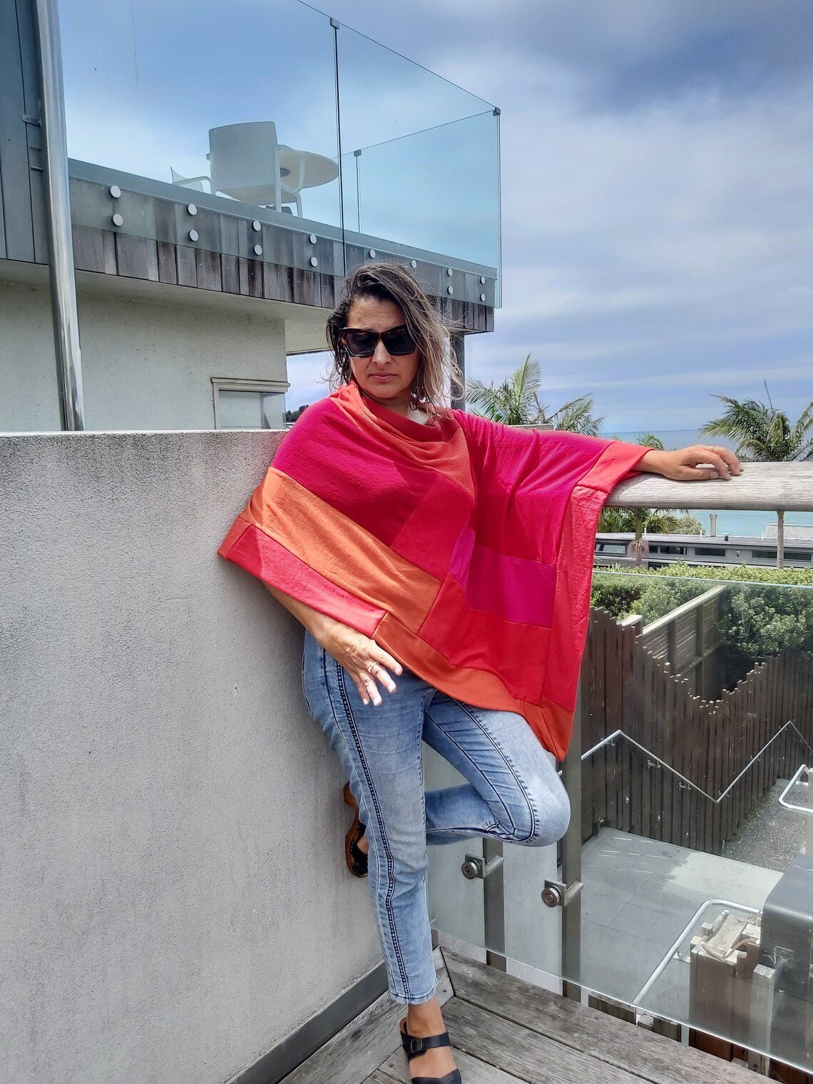 Merino Wool Poncho Orange and red - Heke design