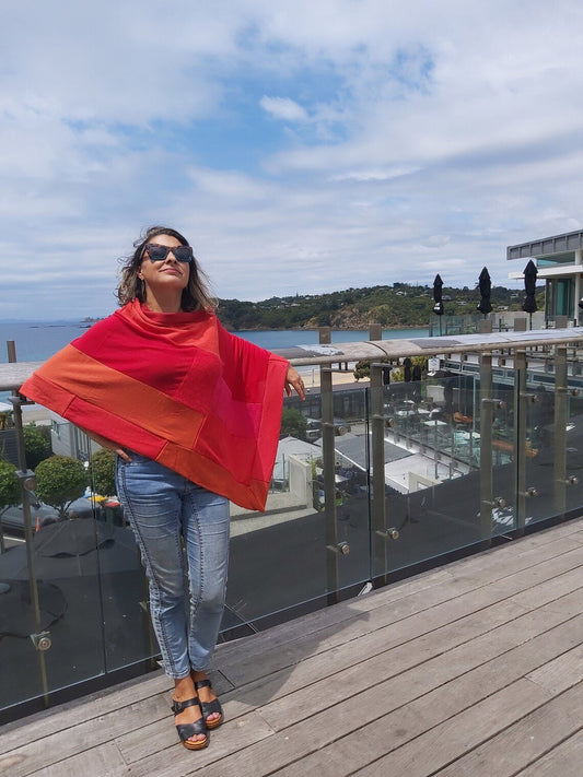 Merino Wool Poncho Orange and red - Heke design