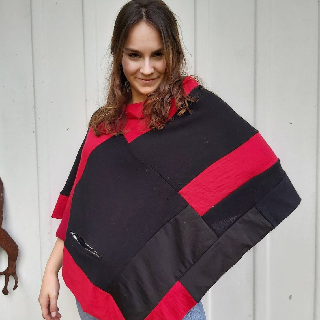 Merino Wool Poncho Women Red and Black Shawl Upcycled Poncho - Heke design