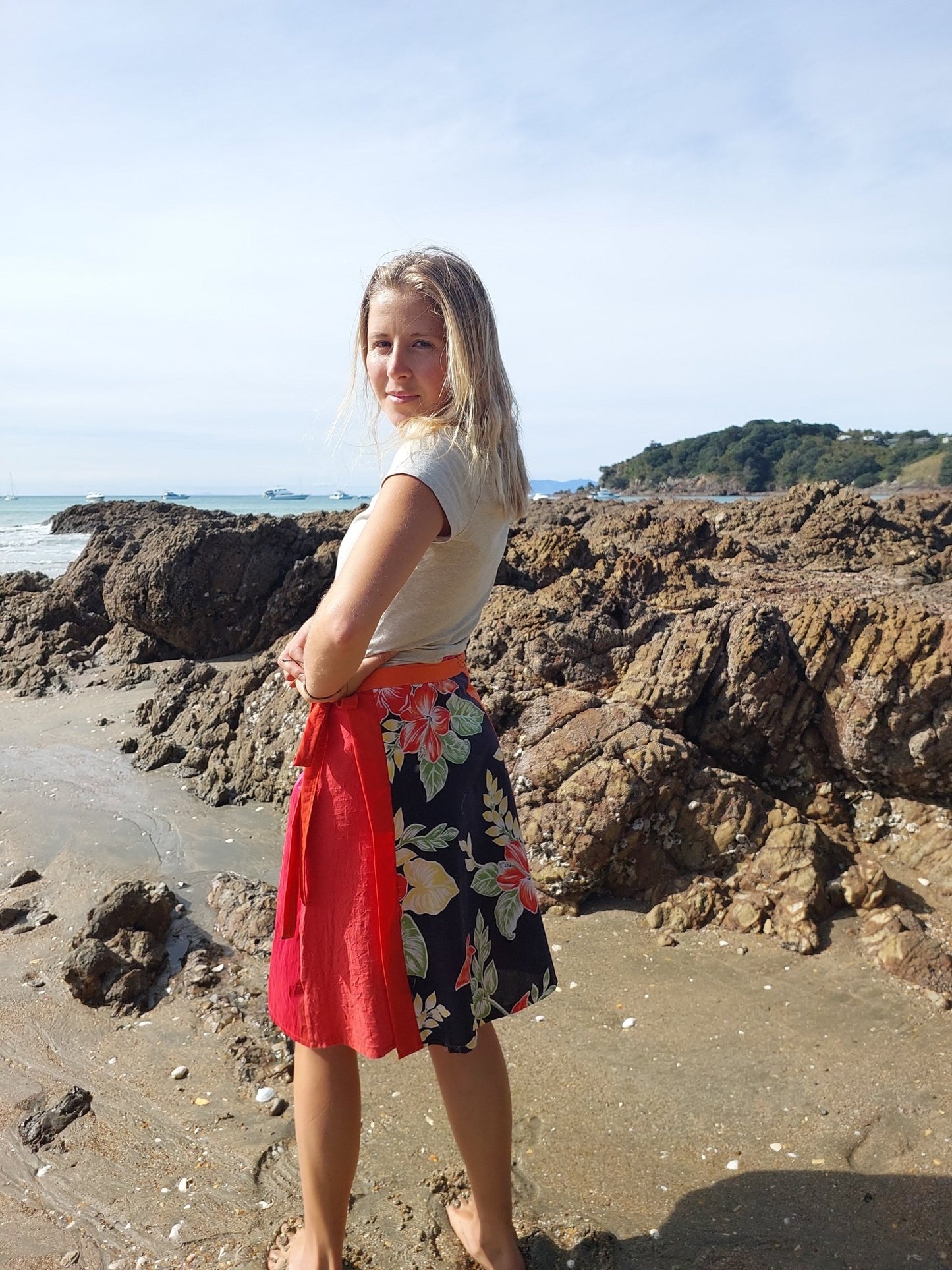 Orange plaid and pink print wrap Skirt - Heke design
