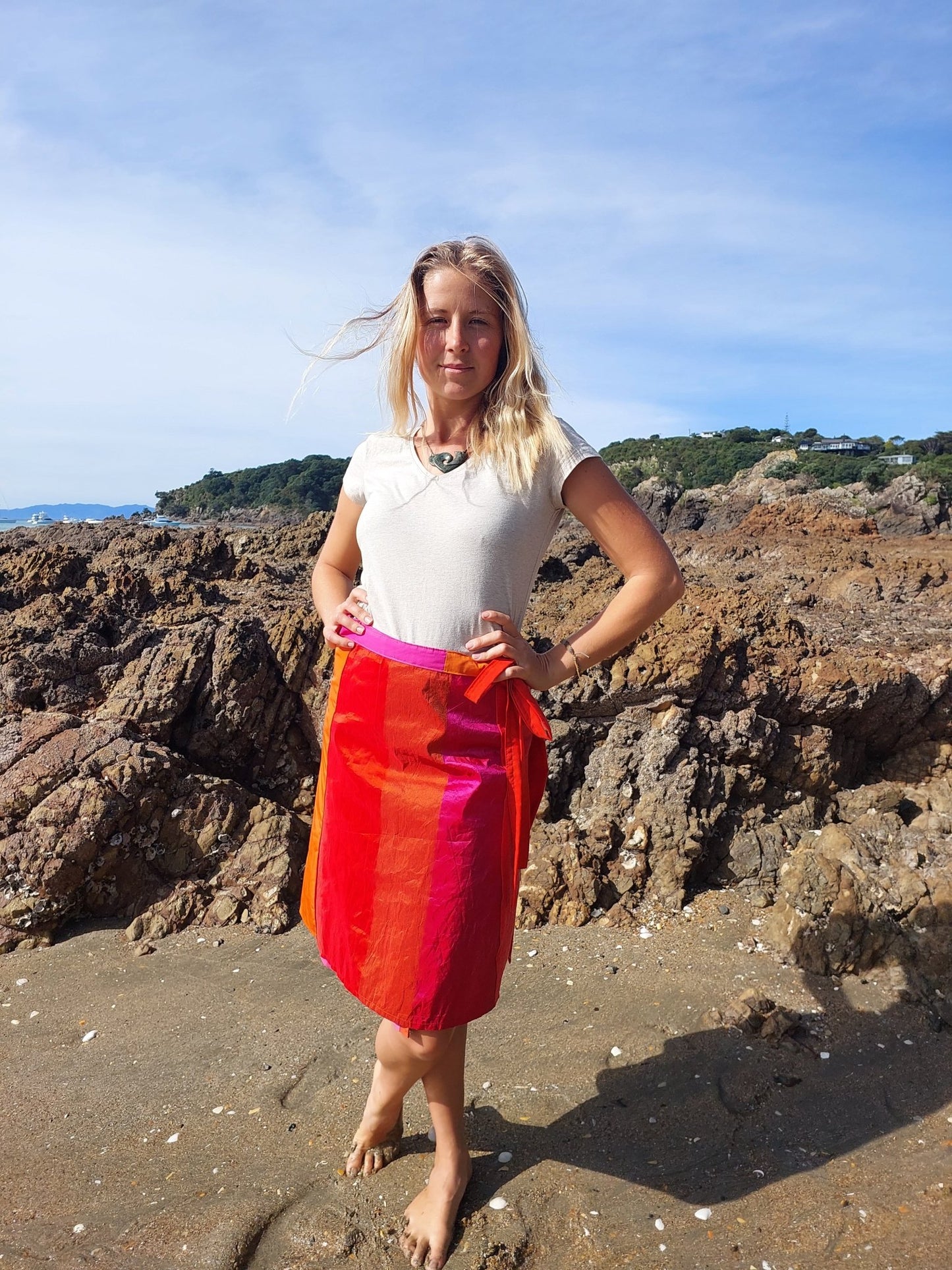 Orange plaid and pink print wrap Skirt - Heke design
