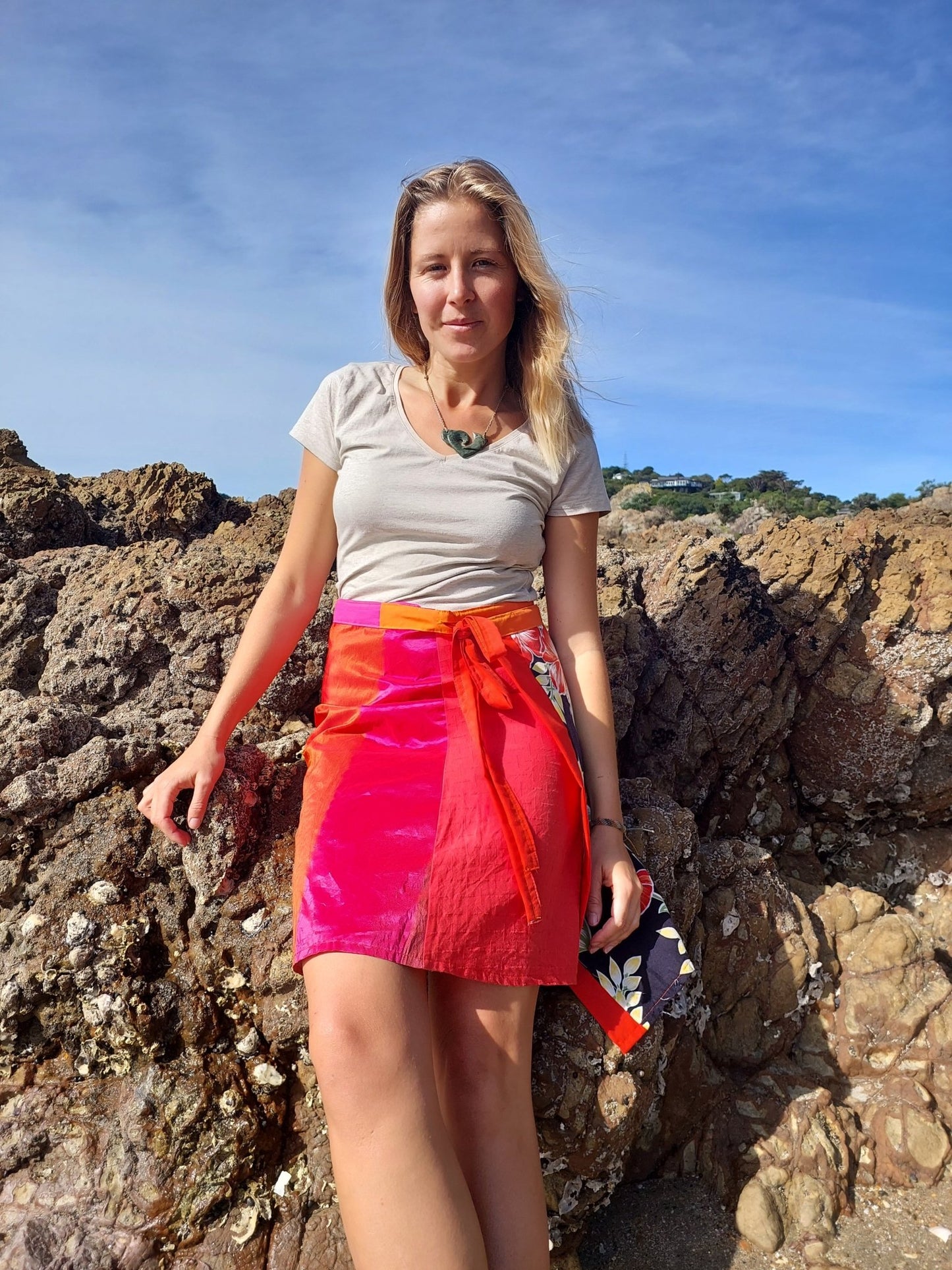 Orange plaid and pink print wrap Skirt - Heke design
