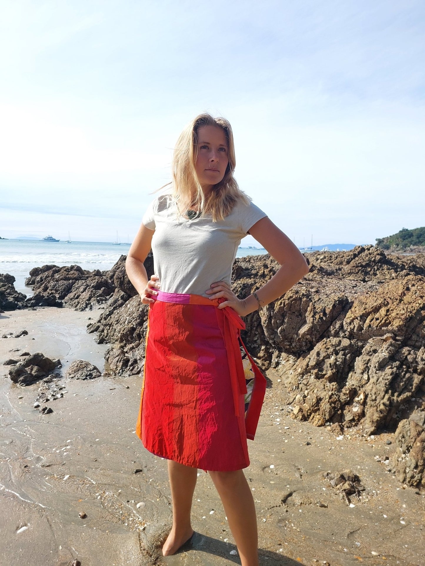 Orange plaid and pink print wrap Skirt - Heke design