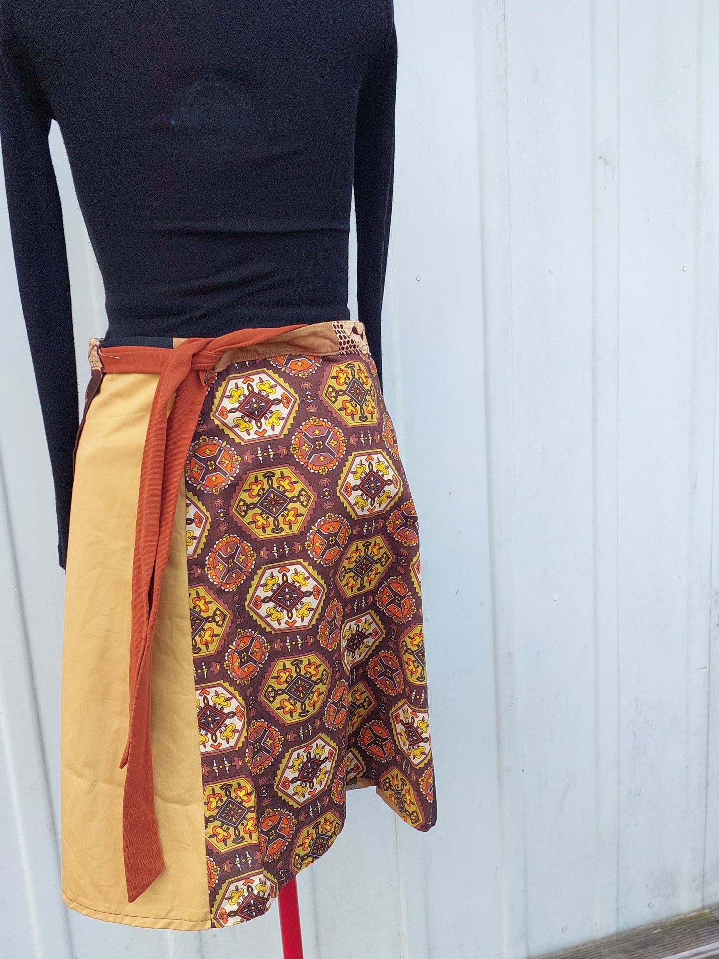 yellow and brown upcycled vintage 70s fabrics wrap skirt