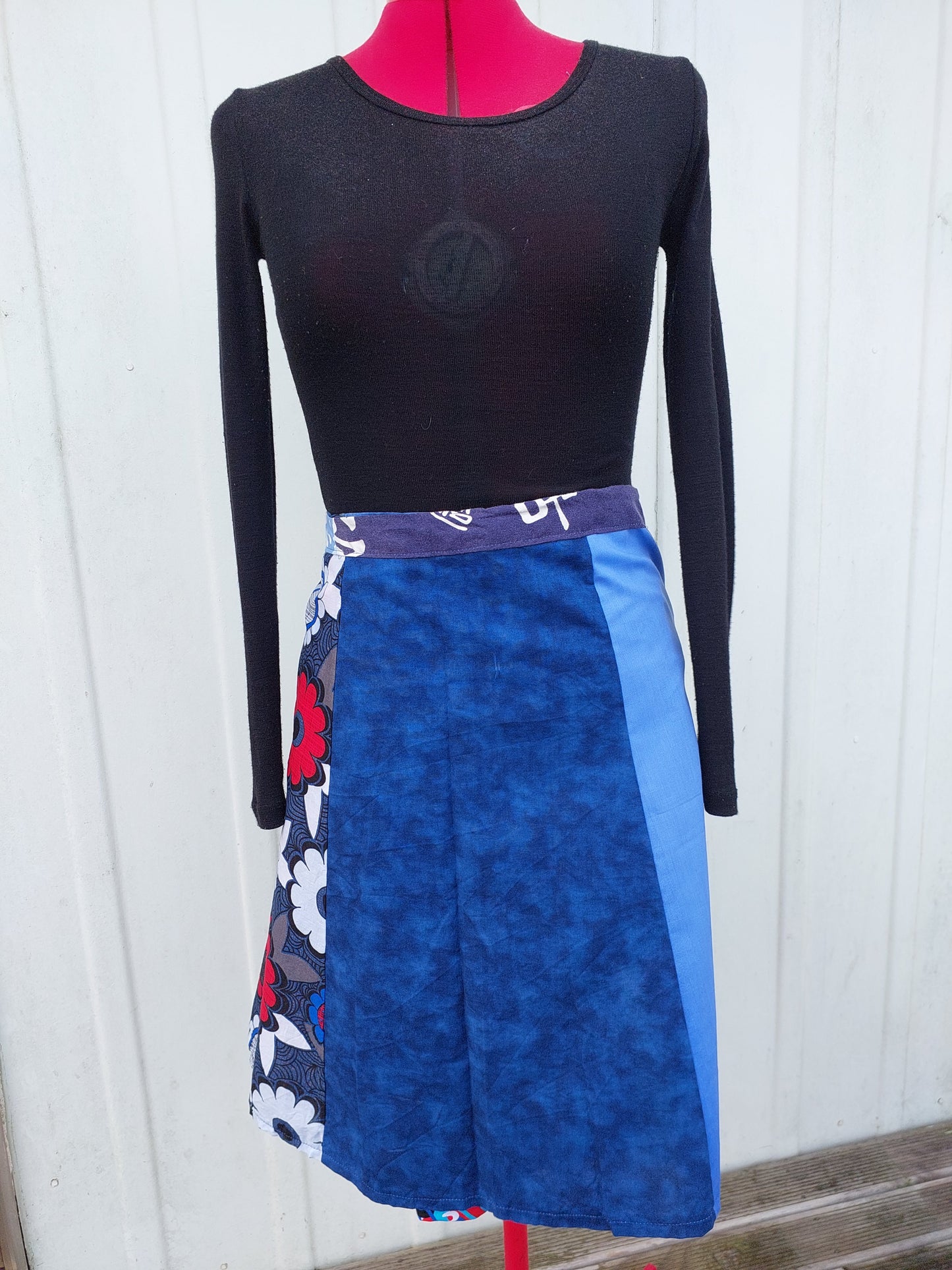 royal blue, bold florals upcycled wrap skirt