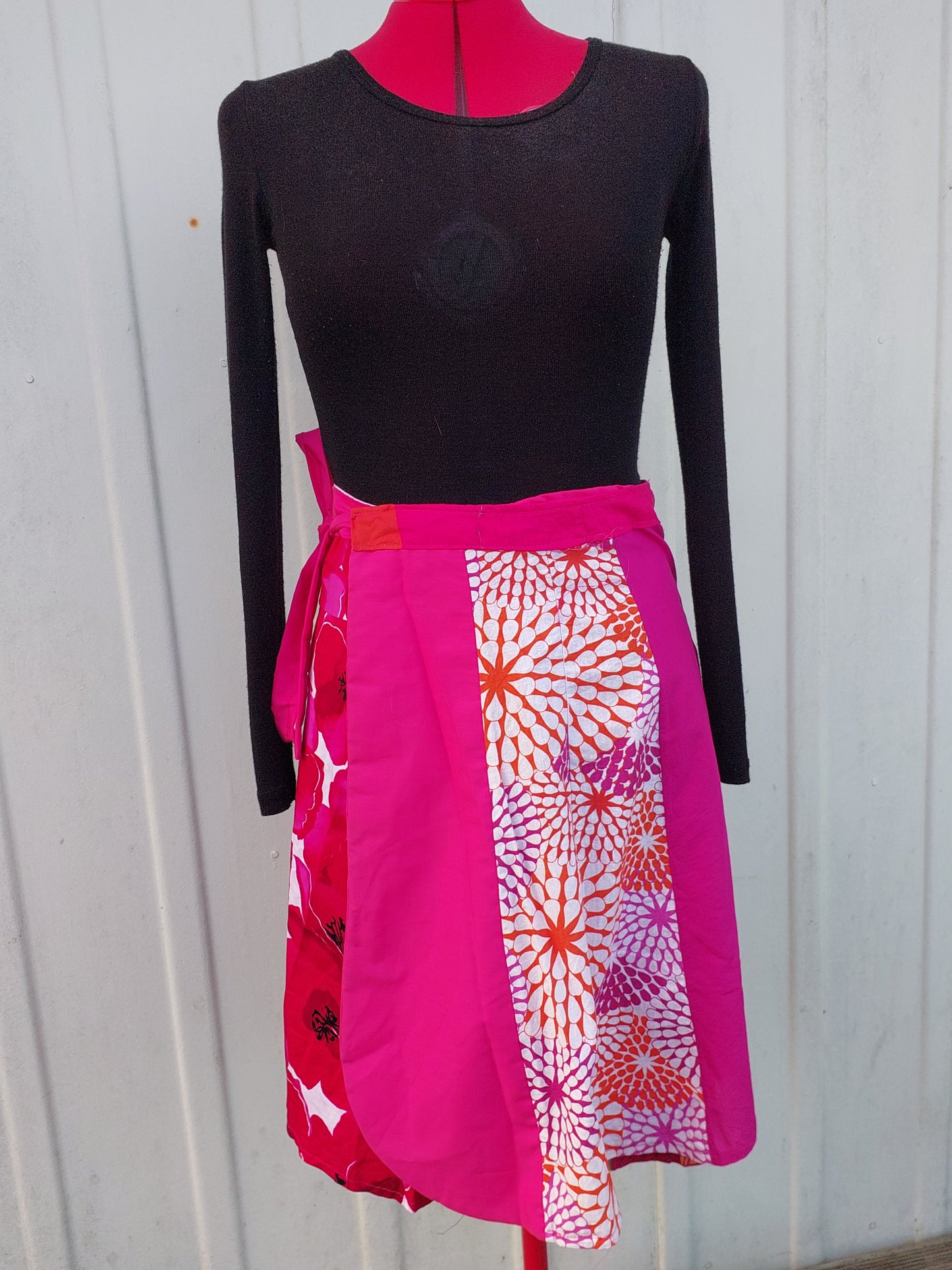 pink upcycled wrap skirt, Indian print, Marimekko print