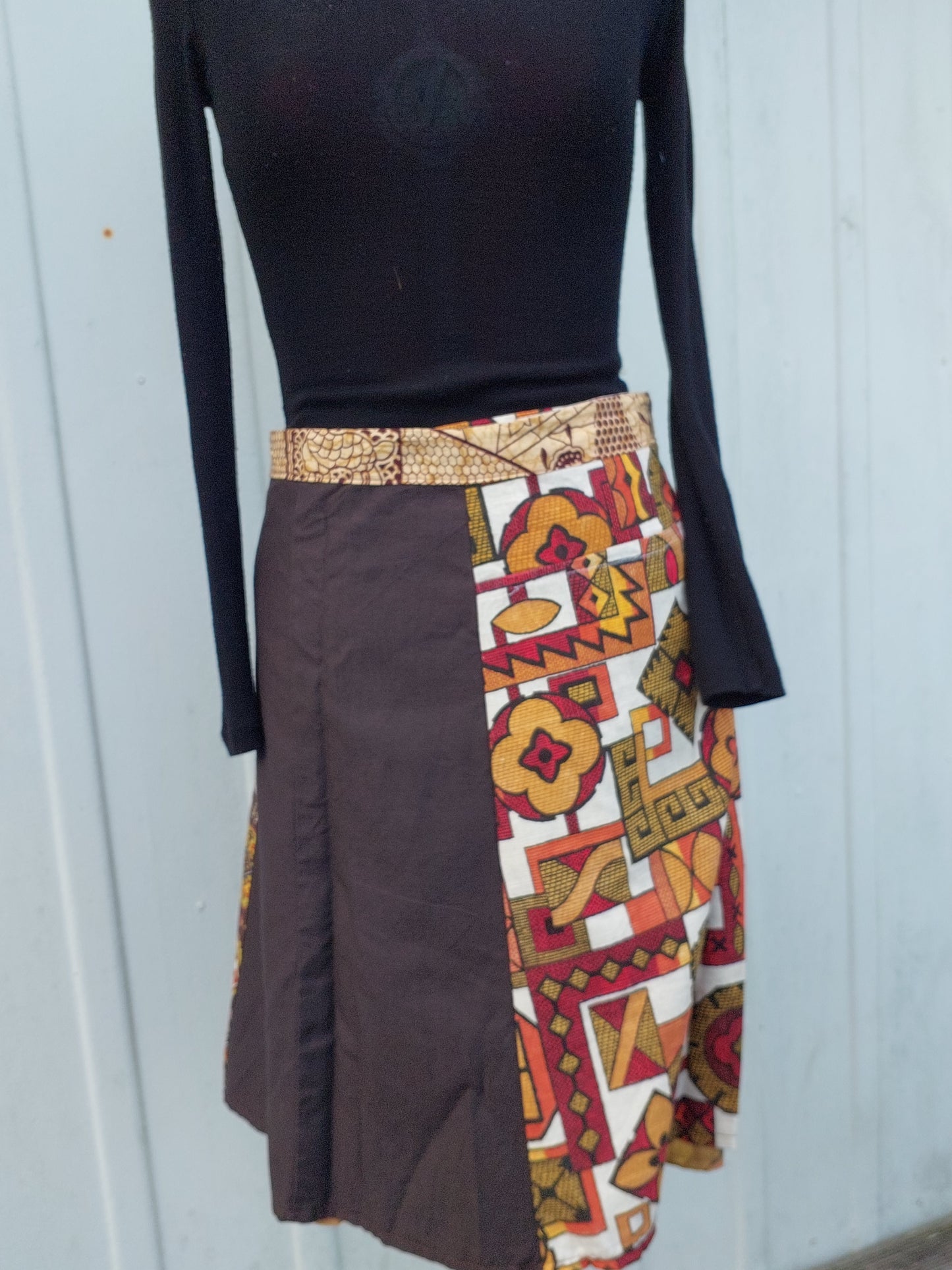 yellow and brown upcycled vintage 70s fabrics wrap skirt