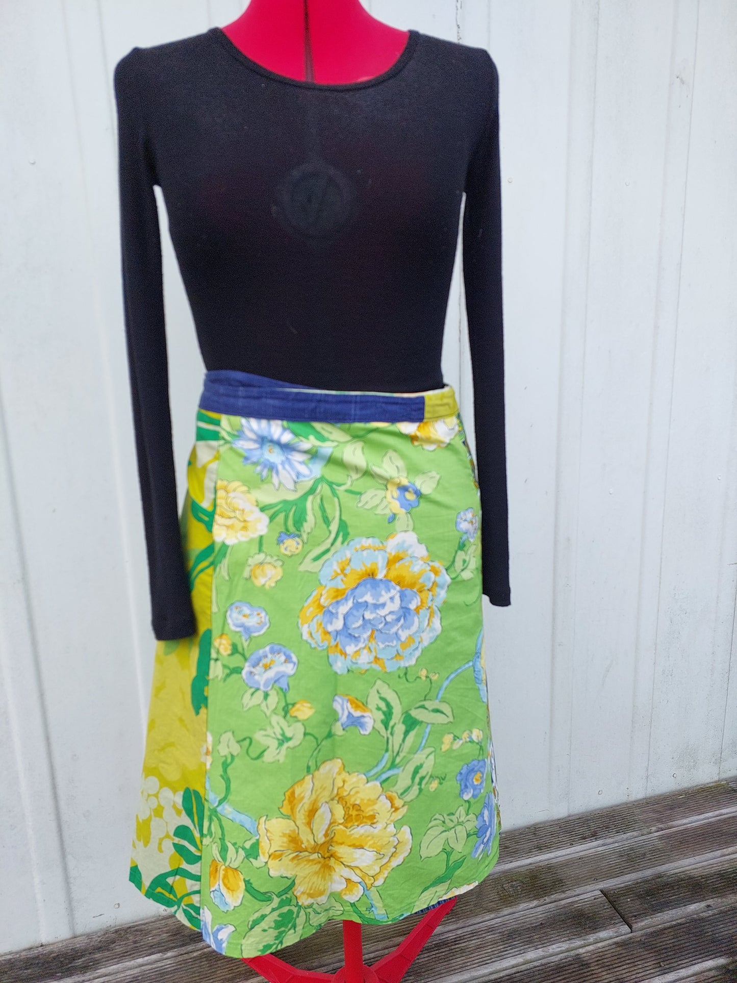 navy nlue to bright green floral, upcycled wrap skirt