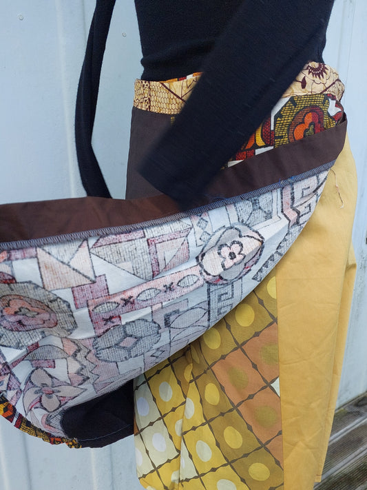 yellow and brown upcycled vintage 70s fabrics wrap skirt