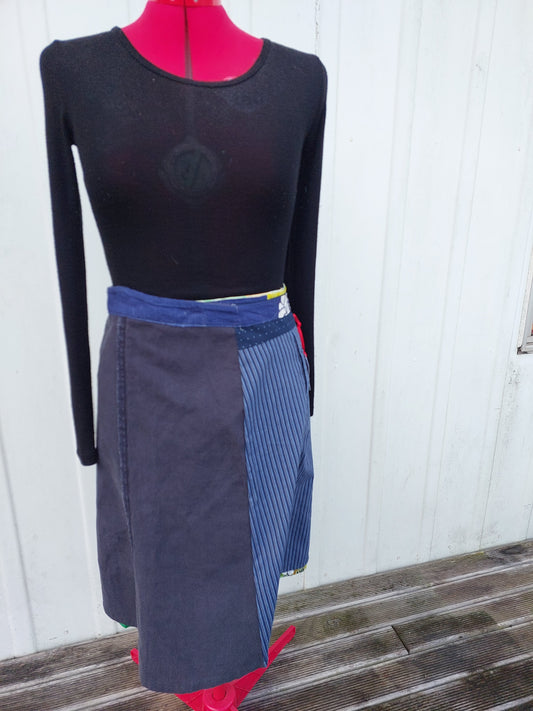 navy  nlue to bright green floral, upcycled wrap skirt