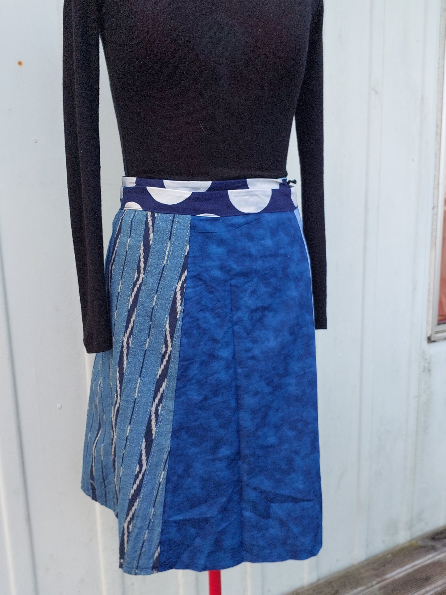 blue upcycled wrap skirt, denim colours,