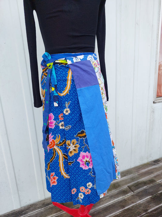 LONG soft blue  and florals to pinks upcycled wrap skirt