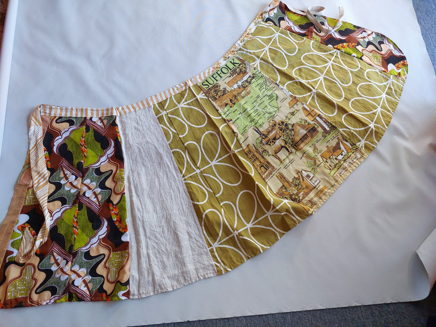 LONG wrap skirt yellows, English tea towel, 70s retro print