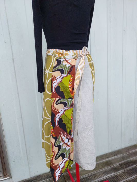 LONG wrap skirt yellows, English tea towel, 70s retro print