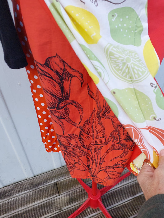 orange, red and citrus print upcycled wrap skirt