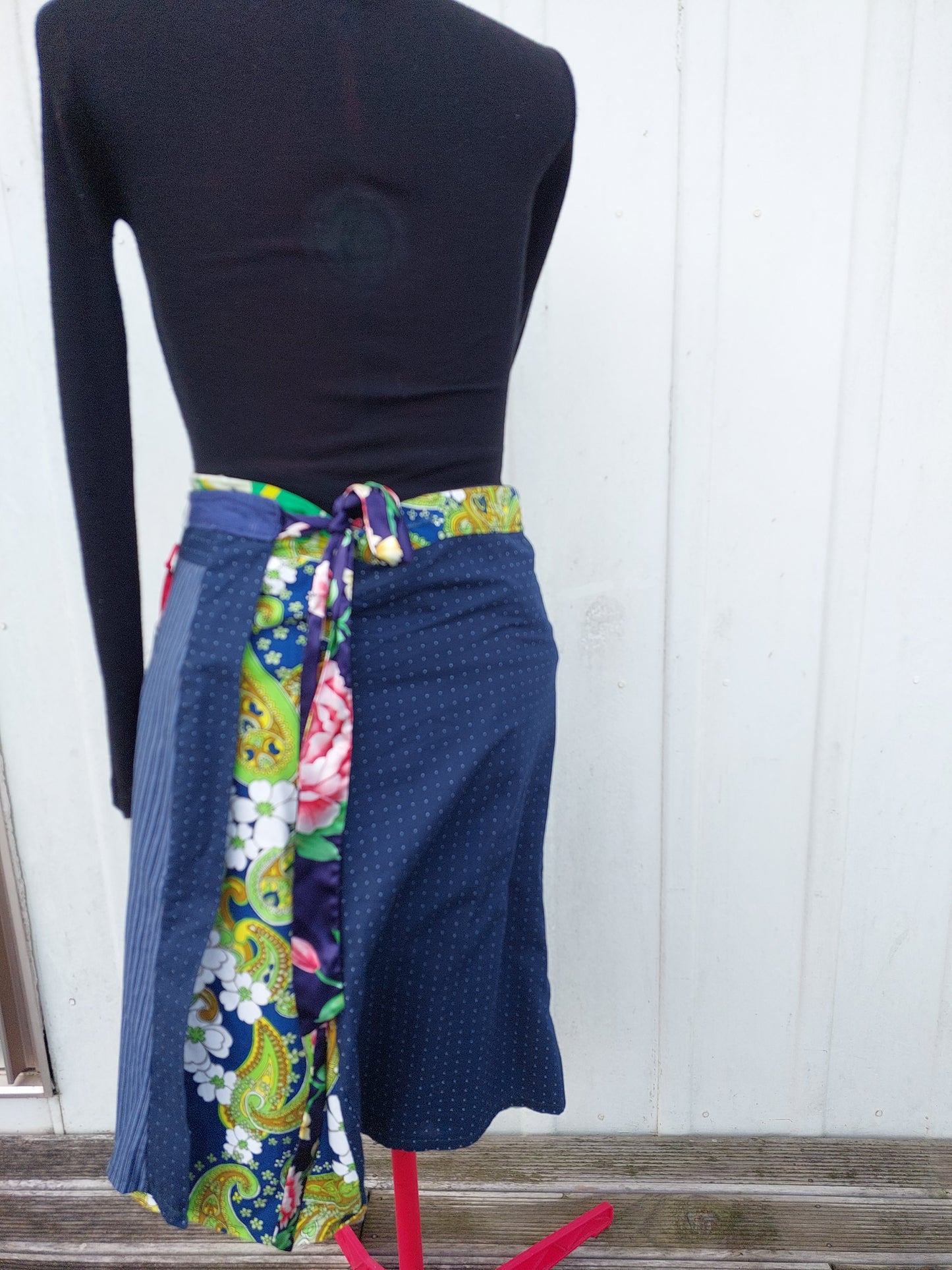 navy nlue to bright green floral, upcycled wrap skirt