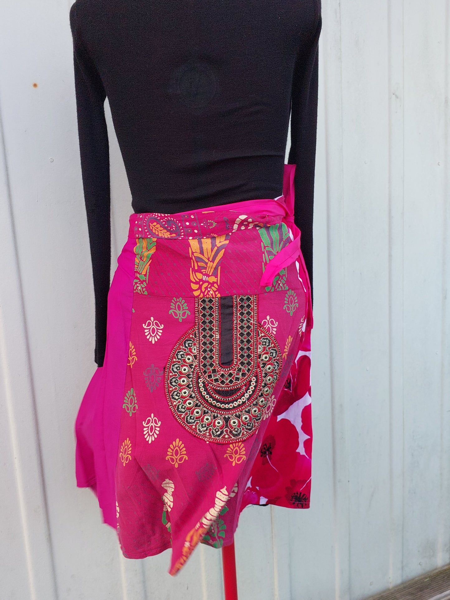 pink upcycled wrap skirt, Indian print, Marimekko print