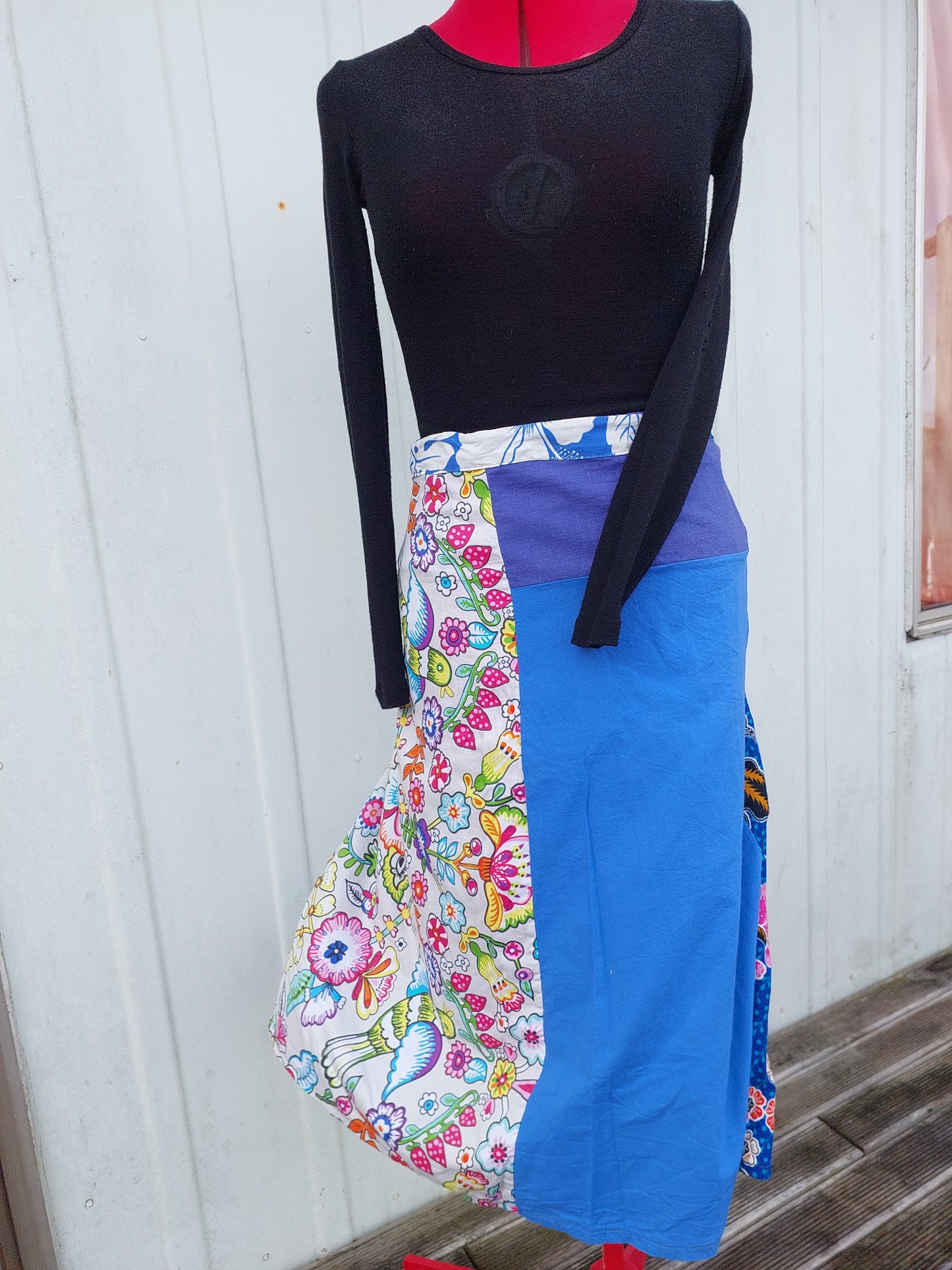 LONG soft blue and florals to pinks upcycled wrap skirt