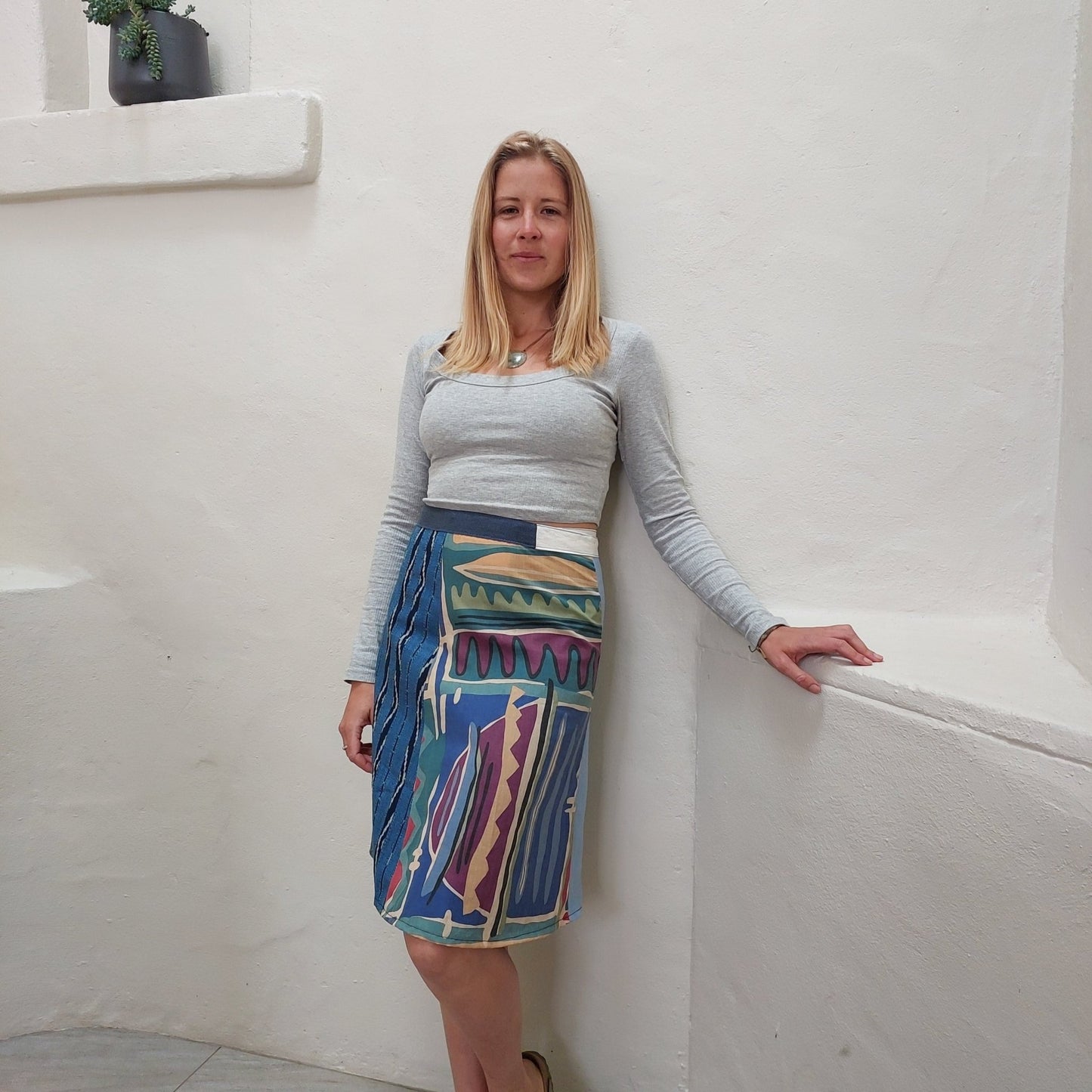 soft blues wrap skirt floral with spots and owls - Heke design