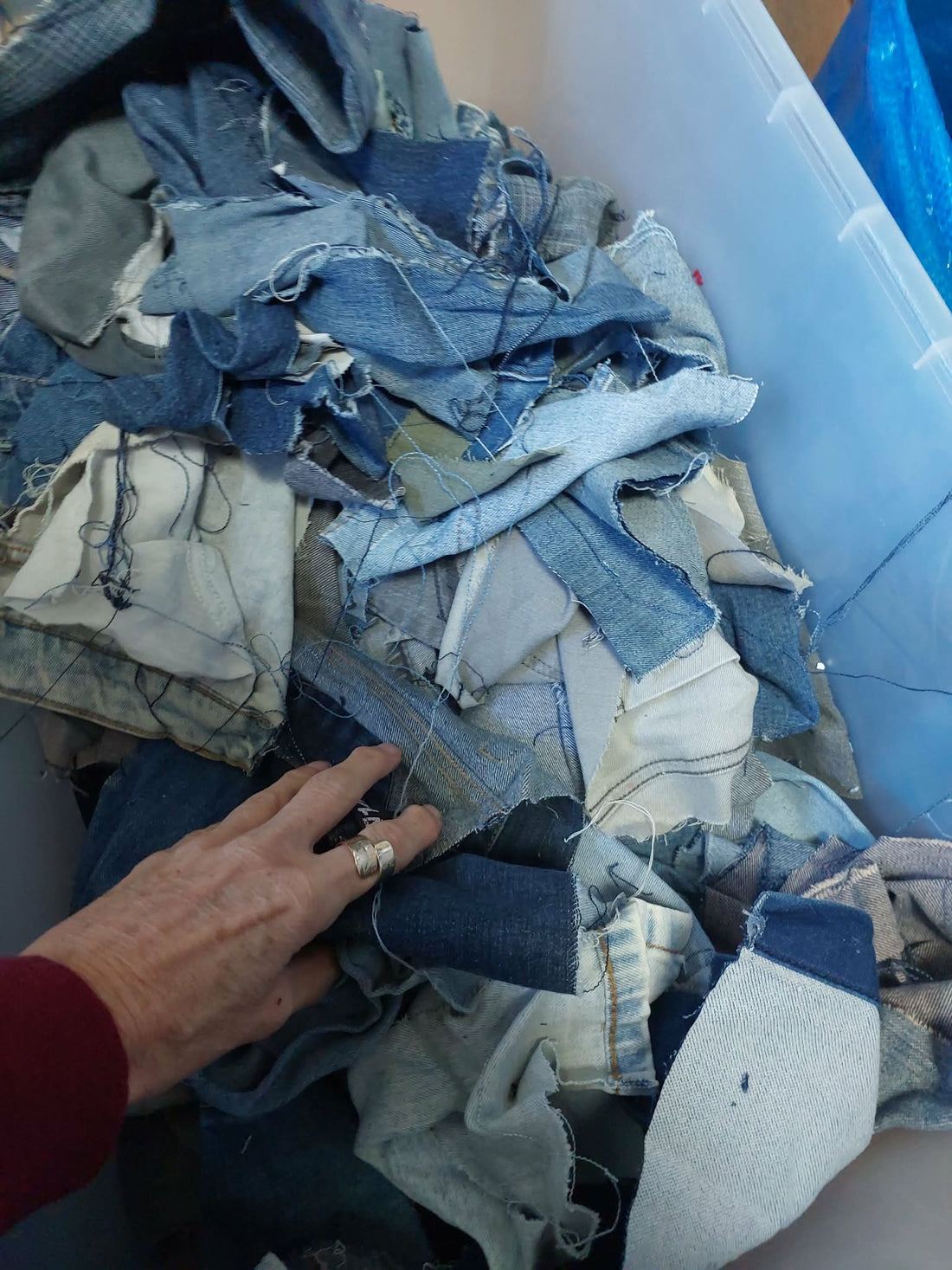 Pair of multi-toned upcycled patchwork denim jeans handmade by Heke Design on Waiheke Island New Zealand.