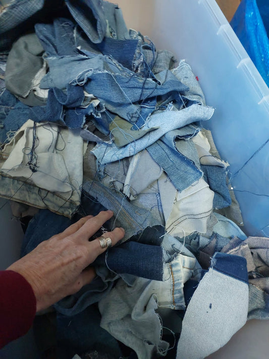 Pair of multi-toned upcycled patchwork denim jeans handmade by Heke Design on Waiheke Island New Zealand.